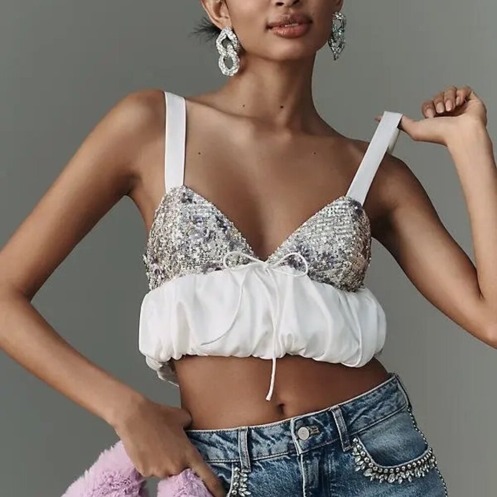 Sequin Bustier Crop Top with White Chiffon Hem
